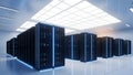 Modern Data Center with Rows of Server Racks Illuminated by Blue Lights Royalty Free Stock Photo
