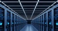 Modern data center with rows of server racks illuminated by bright ceiling lights in a high tech facility Royalty Free Stock Photo