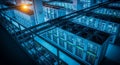 Modern data center with rows of server racks illuminated by cool blue lights Royalty Free Stock Photo