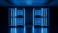 Modern Data Center with Rows of Servers, Blue Neon Lights, Technology Concept Royalty Free Stock Photo