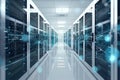 Modern data center with rows of servers in a dark room. Network connections and storage systems are visible. The scene is set for Royalty Free Stock Photo