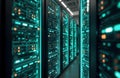 Modern data center. Rows of tech servers glow with bright turquoise light. Information processing activity. Cool network Royalty Free Stock Photo