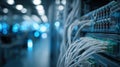 Modern Data Center Server Rack with Connected White Ethernet Cables and Blue Bokeh Background Royalty Free Stock Photo