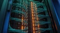 A modern data center server rack with network cables and blinking indicator lights Royalty Free Stock Photo