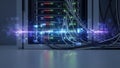 Modern Data Center Server Rack with Network Cables and Digital Data Flow Visualization Royalty Free Stock Photo