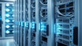 Modern data center server racks with blinking lights in a high-tech facility Royalty Free Stock Photo