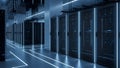 Modern Data Center Server Racks with Blue Neon Lighting and Futuristic Atmosphere Royalty Free Stock Photo
