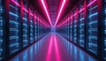 Modern data center server racks glow with blue and pink lights. Rows of computer servers create a high tech network Royalty Free Stock Photo