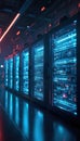 Modern data center server racks glow with intense blue, red light, creating dynamic visual. Computers process, store vast amounts Royalty Free Stock Photo