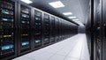 Modern data center server racks lined up inside a large computer room Royalty Free Stock Photo