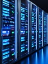 Modern Data Center Server Racks Rows of illuminated server racks in a modern data center showcasing advanced technology and Royalty Free Stock Photo
