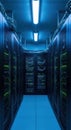 Modern data center server room with blue ambient lighting featuring high-performance network racks and cables Royalty Free Stock Photo
