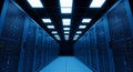 Modern data center server room with rows of blue lit high performance computing racks for cloud storage and processing Royalty Free Stock Photo
