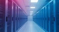 Modern data center server room with rows of blue and purple lit high performance computing racks in clean environment Royalty Free Stock Photo