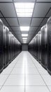 Modern data center server room with rows of computer servers and lights Royalty Free Stock Photo