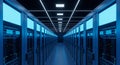 Modern data center server room with rows of high performance computing racks and blue lighting for digital infrastructure Royalty Free Stock Photo