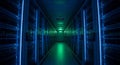 Modern data center server room with rows of illuminated high performance computing racks in blue and green lighting Royalty Free Stock Photo