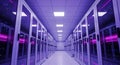 Modern data center server room with rows of illuminated high performance computing racks in purple lighting Royalty Free Stock Photo