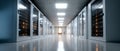Modern data center server room with rows of illuminated racks and reflective tiled floor under bright ceiling lights Royalty Free Stock Photo