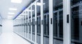 Modern data center server room with rows of white high performance computing racks and blue lighting effects Royalty Free Stock Photo