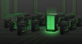 Modern data center servers connected by glowing green network lines, symbolizing data flow and technology Royalty Free Stock Photo