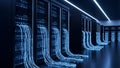 Modern data center servers with glowing blue cables and futuristic lighting, technology concept Royalty Free Stock Photo