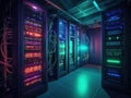 Modern data center with servers and neon light