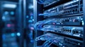 Modern data center showing server racks with illuminated network cables during nighttime operations Generative AI Royalty Free Stock Photo