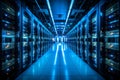 Modern data center with state of the art server racks emitting a captivating soft blue glow