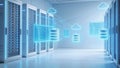 Modern Data Centre with SQL Cloud Synchronization and Digital Code Overlay Royalty Free Stock Photo