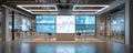 Modern data operations control room with large interactive display screens showing analytics and dashboards, ambient lighting and Royalty Free Stock Photo