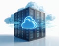 Modern data server with cloud tech integration. Illustration represents online storage, data security, digital infrastructure, Royalty Free Stock Photo