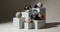 Modern decorative ceramic vases and sculptures arranged on geometric cubes for interior design Royalty Free Stock Photo