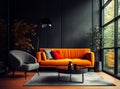 Modern decorative dark grey stone wall background with orange sofa, interior still life. AI Generated Royalty Free Stock Photo