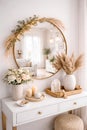 Boho White Console Table with Gold Round Mirror and Pampas Grass Royalty Free Stock Photo
