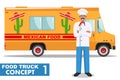 Flat design vector illustration of food truck and cook, head chef in uniform. Traditional Mexican street cuisine. Auto Royalty Free Stock Photo