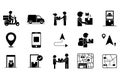 Modern delivery and logistics icon set featuring couriers shipping packages and maps for navigation Royalty Free Stock Photo