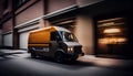 White modern delivery small shipment cargo courier van moving fast on motorway road to city urban suburb Royalty Free Stock Photo