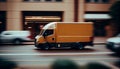 White modern delivery small shipment cargo courier van moving fast on motorway road to city urban suburb Royalty Free Stock Photo