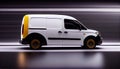 White modern delivery small shipment cargo courier van moving fast on motorway road to city urban suburb Royalty Free Stock Photo