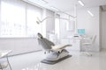 Modern dental clinic. White Dental chair and dentist accessories
