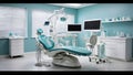 Modern dental office with dental chair in the middle of the room and various dental instruments