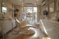 Modern dental office with a clean, white interior, empty patient chair, and sunlight filtering through the window