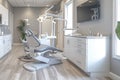 Modern dental office with a clean, white interior, empty patient chair, and sunlight filtering through the window