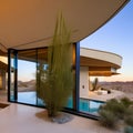 A modern desert home with a sculptural design, an infinity pool, and a desert view3, Generative AI Royalty Free Stock Photo