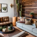 Modern Desert Oasis: A desert-inspired living room with earth-toned furniture, cacti decorations, and tribal textiles1, Generati Royalty Free Stock Photo