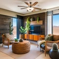 Modern Desert Oasis: A desert-inspired living room with earth-toned furniture, cacti decorations, and tribal textiles3, Generati Royalty Free Stock Photo