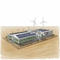Modern desert structure with solar panels and wind turbines. The building features a Royalty Free Stock Photo