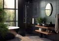 Modern design bathroom with shower and large window in black stone material.Macro.AI Generative Royalty Free Stock Photo