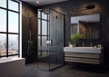 Modern design bathroom with shower and large window in black stone material.Macro.AI Generative Royalty Free Stock Photo